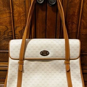 Gucci Cream Canvas Shoulder Bag with Tan Leather Trim